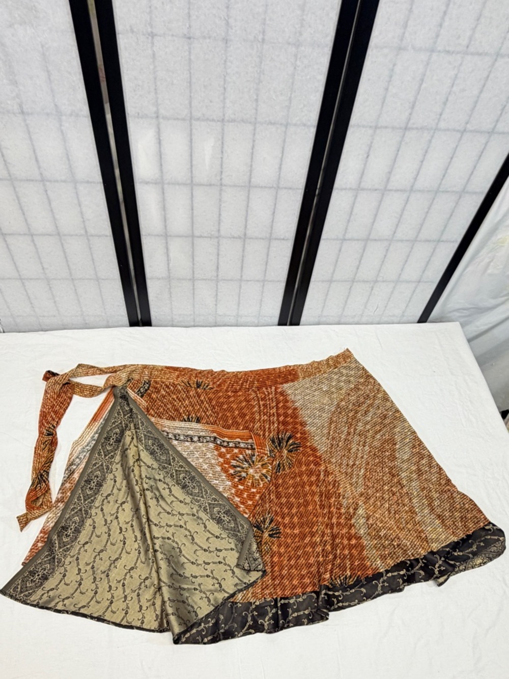 Reversible Wrap Midi Skirt 2 Sides Sari Style Rust Gold Black OS Exotic Carefree - Picture 9 of 11